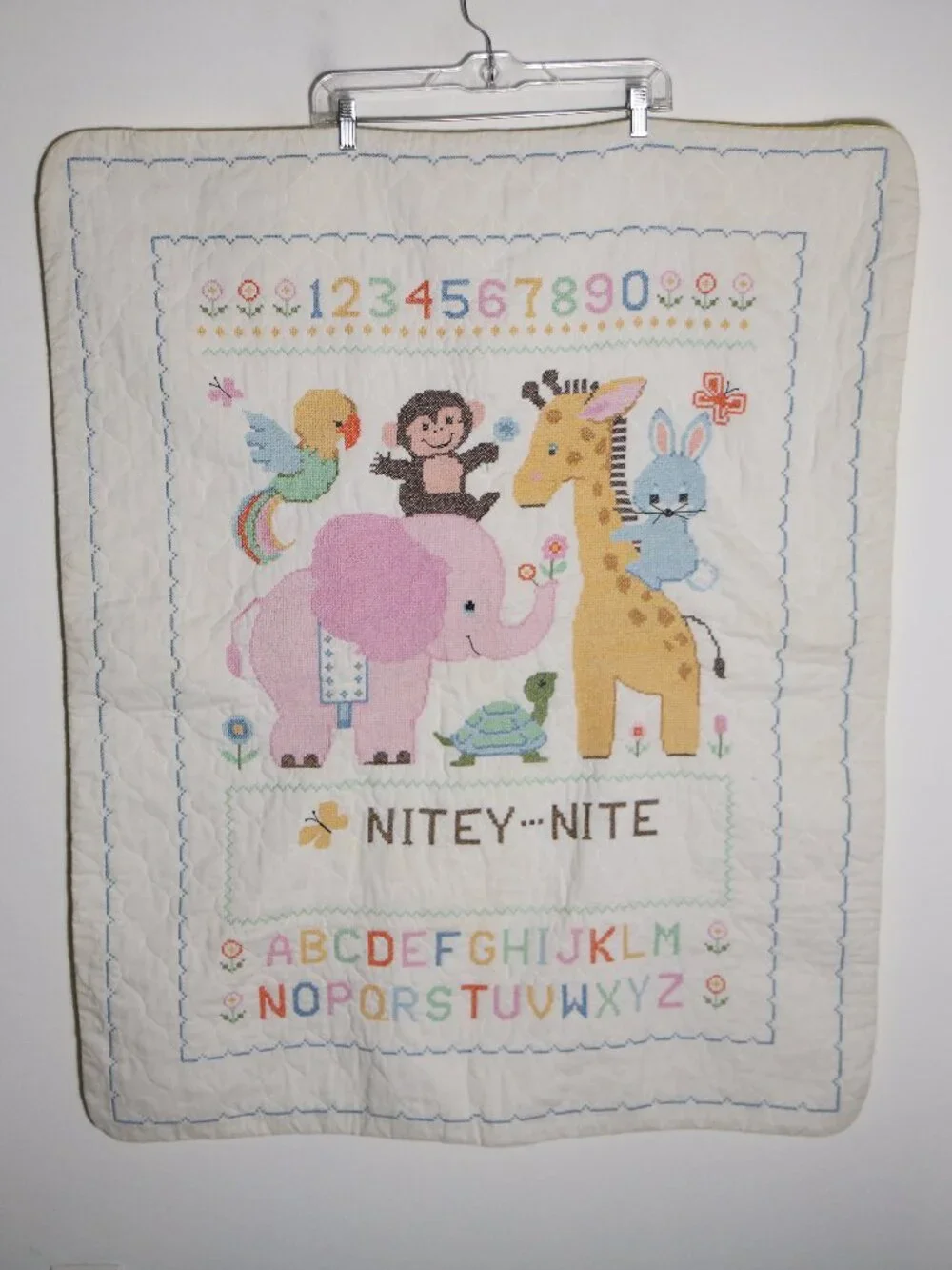 Nitey Nite Vintage Handmade Cross Stitch Baby ABC Numbers Quilt‎ Zoo Animals
